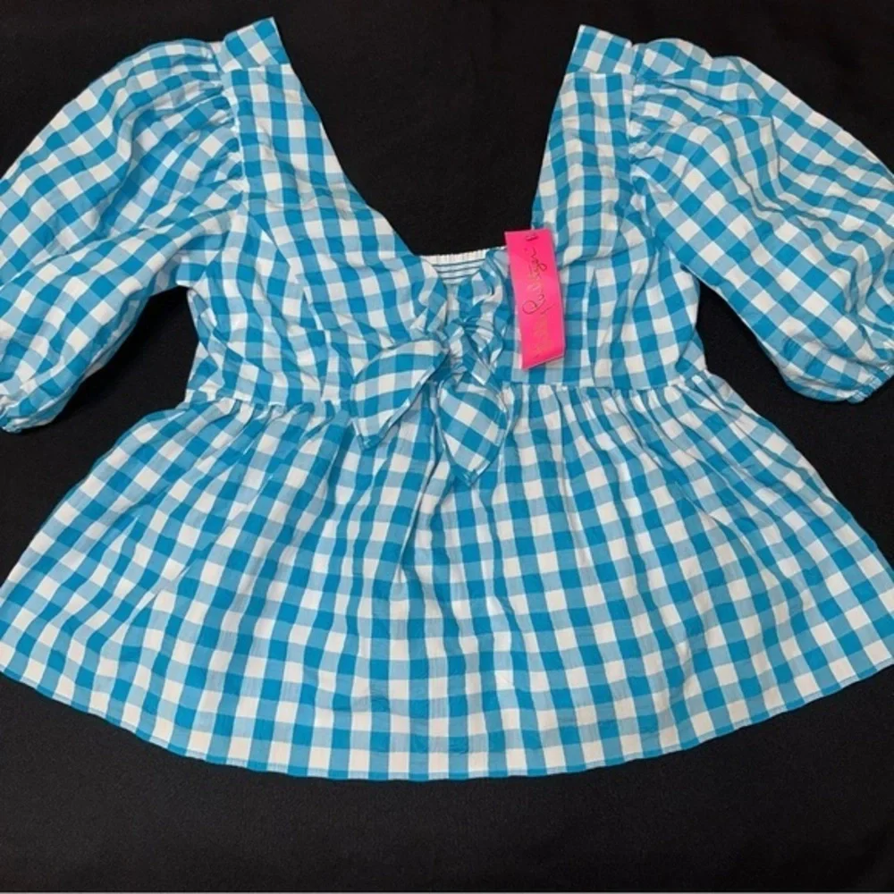 Lilly Pulitzer Sarafina Short Sleeve top size 8 turquoise‎ crinkle gingham
